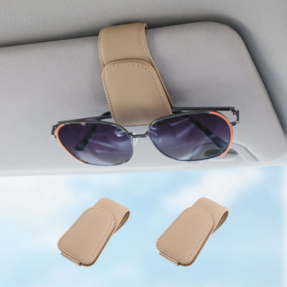 Picture of Sunglass Holder for Car Visor Sunglasses Clip Magnetic Leather Glasses Eyeglass Holder Interior Car Accessories for Woman Man - 2 Packs Beige
