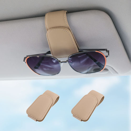 Picture of Sunglass Holder for Car Visor Sunglasses Clip Magnetic Leather Glasses Eyeglass Holder Interior Car Accessories for Woman Man - 2 Packs Beige