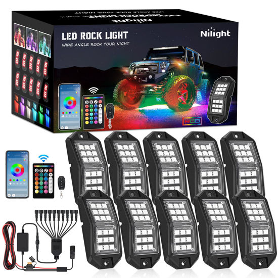 Picture of Nilight RGB LED Rock Lights Kit 10 PCS 18LED Wide Angle Wheel Well Light with Remote & Bluetooth App Dual Control Multi Modes Underglow Multicolor Neon Light Pod for ATV UTV SUV Offroad Truck RZR Boat
