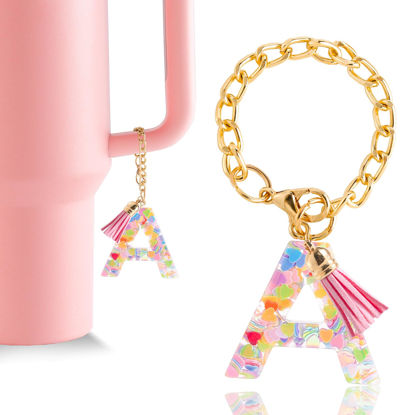 Picture of Letter Charm Accessories for Stanley Cup 1 PCS Cute Initial Keychain Handle Charm for Stanley Tumbler for Women Pink Letter A