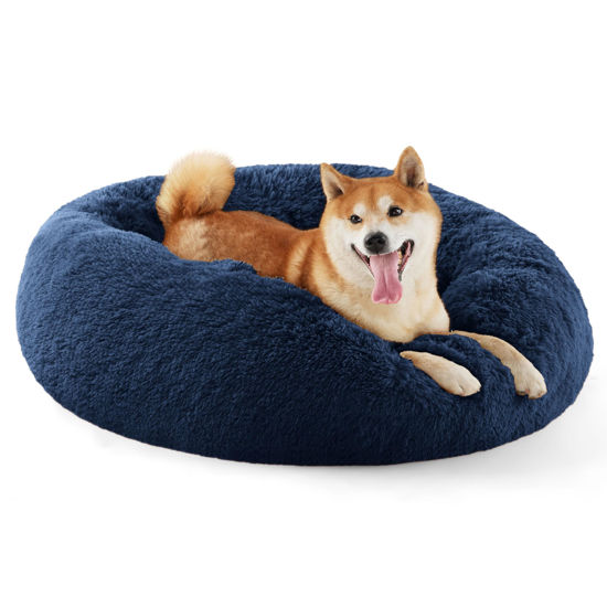 Picture of Bedsure Calming Dog Bed for Medium Dogs - Donut Washable Medium Pet Bed, 30 inches Anti-Slip Round Fluffy Plush Faux Fur Cat Bed, Fits up to 45 lbs Pets, Navy