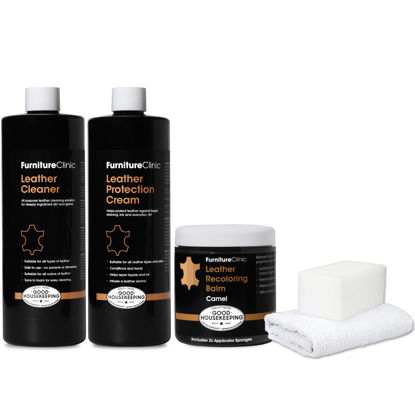 Picture of Furniture Clinic Leather Complete Restoration Kit | with Leather Recoloring Balm, Cleaner, 2-in-1 Protection Cream & Conditioner, Sponge, and Cloth | Leather Repair Kit for Furniture (Camel)