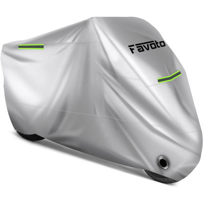 Picture of Favoto Motorcycle Cover Waterproof Outoor - Universal Heavy Duty Oxford Fabric with Lock-Hole 3 Night Reflectors Windproof Buckles Storage Bag Rain Dust Sun Protection Silver, 86.6 inch