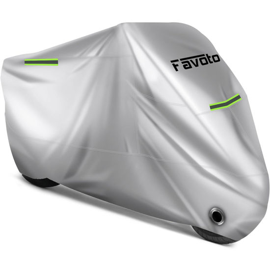 Picture of Favoto Motorcycle Cover Waterproof Outoor - Universal Heavy Duty Oxford Fabric with Lock-Hole 3 Night Reflectors Windproof Buckles Storage Bag Rain Dust Sun Protection Silver, 86.6 inch