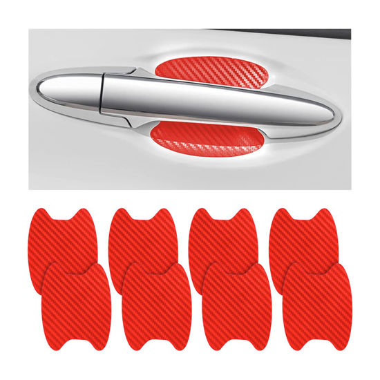 Picture of 8PCS Car Door Handle Sticker, Carbon Fiber Anti-Scratches Car Door Cup Protector, Non-Marking Auto Door Handle Protective Film, Self-Adhesive Door Side Paint Protector for All Cars (Red/8PCS)