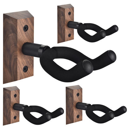 Picture of DOMMI Guitar Wall Mount 4 Pack, Guitar Holder with Rotatable Soft Guitar Hook for All Size Guitars, Hardwood U-Shaped Guitar Hanger Wall Mount for Acoustic, Electric Guitar, Bass, Black Walnut