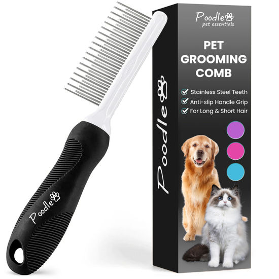 Picture of POODLIE Poodle Pet Dog Combs for Grooming Matting - Metal Comb for Dogs with Long & Short Stainless Steel Teeth - Dematting Comb for Cats to Remove Matted Hair & Knots, Black
