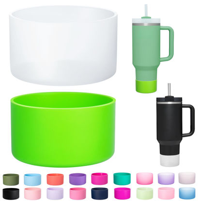 Picture of LONPARRY 2-Pack Silicone Boot for Stanley Cup Quencher IceFlow Rubber Bottom Sleeve Protector for Stanley Tumbler HydroFlask Car Travel Cup Bottle Bottom (Clear+Grass Green)