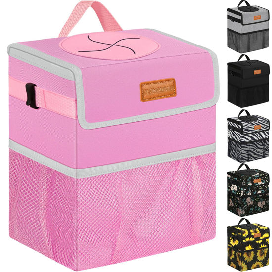Picture of ELONGRIVER Car Trash Can for SUVs, Trucks, Vans - Pink, 2 Gallons Capacity, Leak-Proof Liner, Utility Clasps, Cute Design