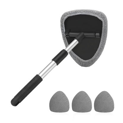 Picture of Windshield Cleaning Tool, Car Window Cleaner with Extendable Long Handle and 4 Washable Reusable Microfiber Pads, Auto Interior Exterior Glass Wiper Cleaning Kit Universal for Office and Home (Gray)