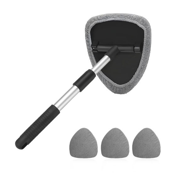 Picture of Windshield Cleaning Tool, Car Window Cleaner with Extendable Long Handle and 4 Washable Reusable Microfiber Pads, Auto Interior Exterior Glass Wiper Cleaning Kit Universal for Office and Home (Gray)