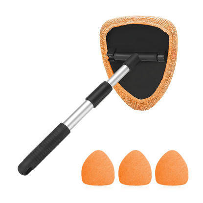 Picture of Windshield Cleaning Tool, Car Window Cleaner with Extendable Long Handle and 4 Washable Reusable Microfiber Pads, Auto Interior Exterior Glass Wiper Cleaning Kit Universal for Office and Home (Orange)