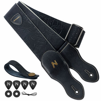 Picture of Nefelibata Guitar Strap with Pick Pocket,2.3 inch Porter Style Leather Carving Guitar Straps with Leather Ends,60s Vintage Style（Black）