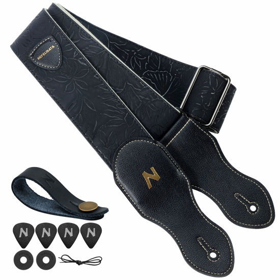 Picture of Nefelibata Guitar Strap with Pick Pocket,2.3 inch Porter Style Leather Carving Guitar Straps with Leather Ends,60s Vintage Style（Black）