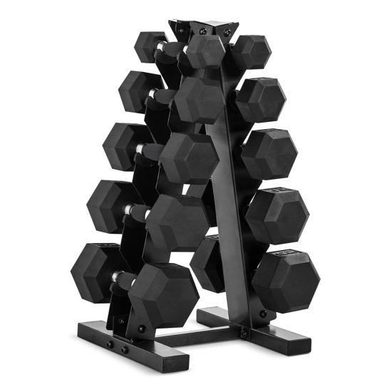 Picture of CAP Barbell 150lb Comfort Grip Rubber Encased Hex Dumbbell Set with Rack