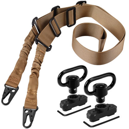 Picture of REERON 2 Point Sling & Mloc Sling Mount - Adjustable Extra Long Two Point Traditional Rifle Sling with 2 Pack 1.25" QD Sling Swivels Mounts for M Lock Rail System (Khaki Sling + 2 Pack Sling Mounts)