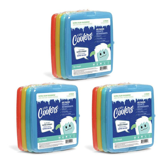 Picture of Cool Coolers by Fit & Fresh 4 Pack Slim Ice Packs, Quick Freeze Space Saving Reusable Ice Packs for Lunch Boxes or Coolers, Multi Colored, 3 Packs of 4