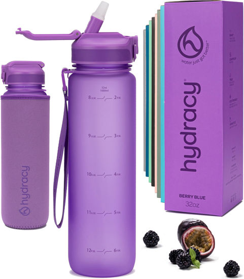 Picture of Hydracy Water Bottle with Times to Drink & Straw - Large 32 Oz BPA Free Motivational Water Bottle & No Sweat Sleeve -Leak Proof Gym Bottle with Time Marker - Ideal Gift for Fitness, Sports & Outdoors