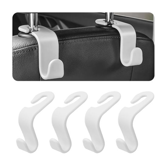 Picture of 4PCS Car Back Seat Headrest Hooks, Rear Car Seat Storage Headrest Hanger Holder Hooks Organizer, Universal Auto Interior Accessories for Bag Purse Handbag Cloth Coats Grocery (White)