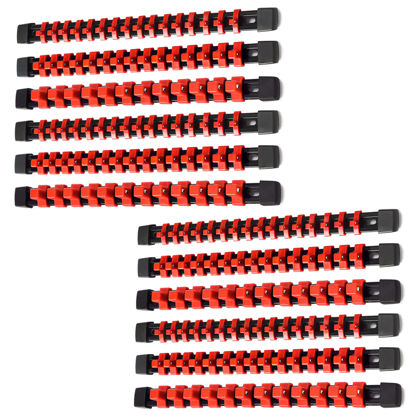 Picture of ALOANES 12 PC ABS Socket Organizer,1/2 inch, 3/8 inch, and 1/4 inch Drive Socket Rail Holders, Heavy Duty Socket Racks, Black Rails with Red Clips