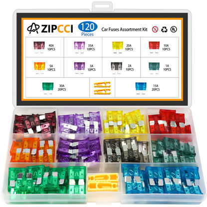 Picture of ZIPCCI 120 Pcs Standard Car Fuse, Fuses Assortment kit(1A/2A/3A/5A/10A/15A/20A/25A/30A/35A/40AMP) Automotive Blade Fuse for RV, Truck, Marine, Auto Accessories
