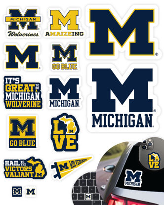 Picture of Michigan Wolverines Stickers (14 Pcs) University of Michigan Gifts for Men UM Football Fans 2 Large Car Decals, 10 Water Bottle Size, 2 Keyboard Stickers U of M Merch (Michigan Wolverines)