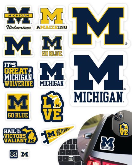 Picture of Michigan Wolverines Stickers (14 Pcs) University of Michigan Gifts for Men UM Football Fans 2 Large Car Decals, 10 Water Bottle Size, 2 Keyboard Stickers U of M Merch (Michigan Wolverines)