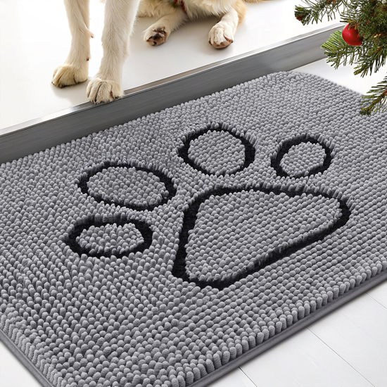Picture of Smiry Dog Door Mat for Muddy Paws, Absorbent Dirt Trapper Non-Slip Washable Mat, Quick Dry Chenille, Mud Mat for Dogs, Entry Indoor Door Mat for Inside Floor (30x20 Inches, Grey)