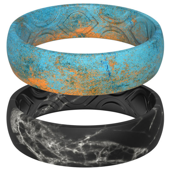 Picture of ThunderFit Silicone Wedding Bands for Women, Printed Design - 5.5mm Width 1.8mm Thick (Orange Rust, Black Marble - Size 10-10.5 (20.10mm))