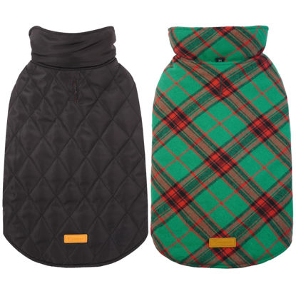 Picture of Kuoser Warm Dog Coat, Reversible Dog Jacket Waterproof Dog Winter Coat British Style Plaid Dog Clothes Pet Dog Cold Weather Coats Cozy Snow Jacket Vest for Small Medium Large Dogs Christmas Green XS