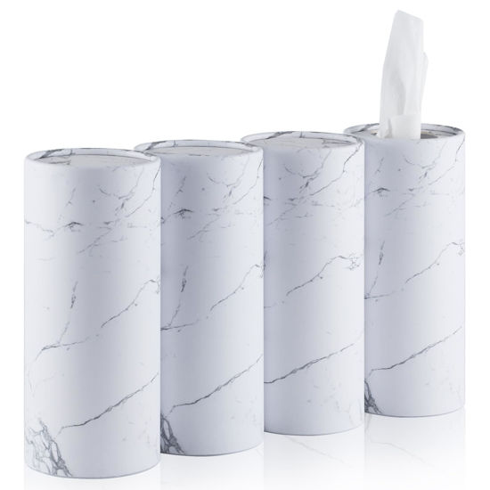 Picture of SINGARO Car Tissue Holder, 4 Pack Car Cup Holder Facial Tissues with Kleenex Travel Tissue Bag, Quick and Convenient Flower Combination Car Tissue Box(4 Canisters/200 Tissues) White