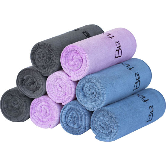 Picture of Wuwahold Microfiber Gym Towels Bigger Size Super Soft for Exercise Fitness, Sports, Workout, 380-GSM 15-Inch x 31-Inch Quick-Drying Towels (9 Pack, 3Grey+3Blue+3Purple)