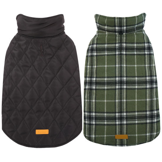 Picture of Kuoser Warm Dog Coat, Reversible Dog Jacket Waterproof Dog Winter Coat British Style Plaid Dog Clothes Pet Dog Cold Weather Coats Cozy Snow Jacket Vest for Small Medium Large Dogs Olive Green XS