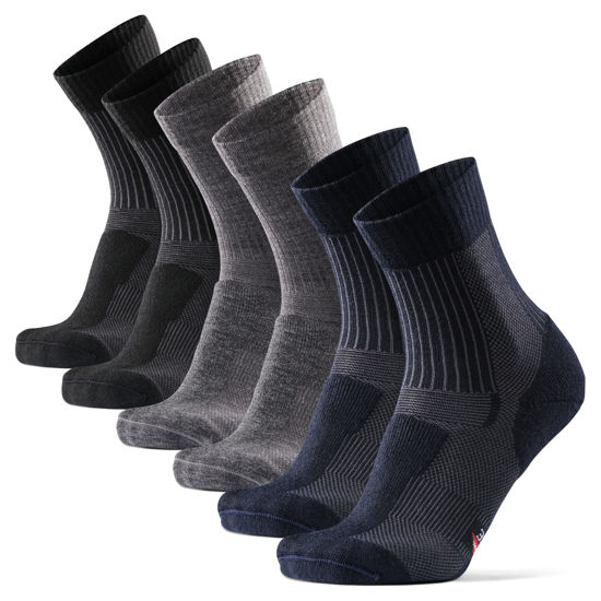Picture of DANISH ENDURANCE Merino Wool Light Hiking Socks 3-Pack for Men, Women & Kids, Trekking, Made in EU, Lightweight, Breatheable (Multicolor (1x Black, 1x Grey, 1x Navy), Small)