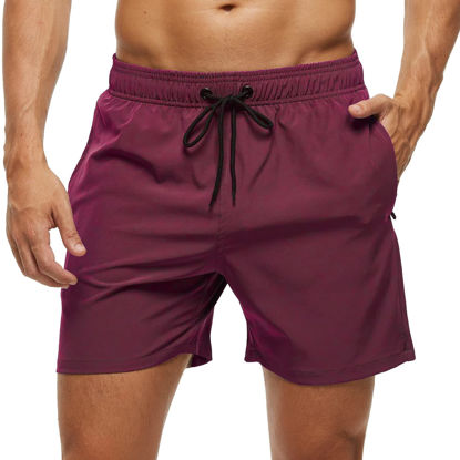 Picture of SILKWORLD Mens Swim Trunks Quick Dry Bathing Suits Shorts with Zipper Pockets, MQ18_Zip_Wine red, Small