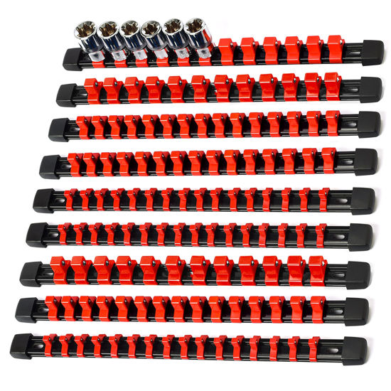Picture of Reniteco Socket Organizer Drive ABS Tools - Red Socket Holder, Premium Quality 9 Pieces Socket Holders Kit 1/4-Inch x 48 Clips, 3/8-Inch x 45 Clips, 1/2-Inch x 36 Clips