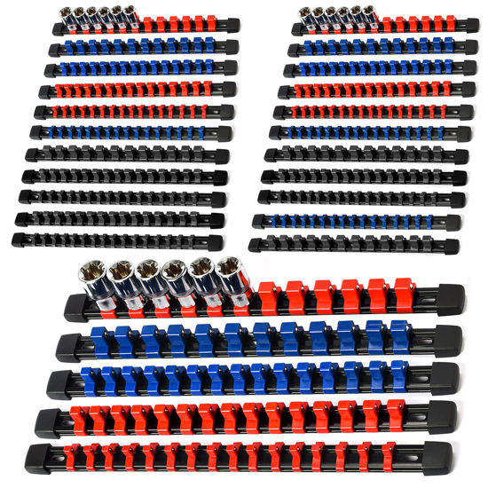 Picture of Reniteco Socket Organizer Drive ABS Tools-Socket Holder, Premium Quality 27 Pieces Socket Holders Kit 1/4-Inch x 144 Clips, 3/8-Inch x 135 Clips, 1/2-Inch x 108 Clips（27PC,Blue&Red&Black)