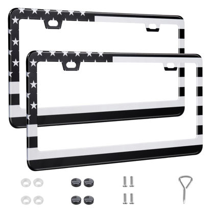 Picture of QUANQIUFEI 2 Pack License Plate Frames, Stainless Steel Car License Plate Cover Car Accessories with Screw Caps (Grey and Black)
