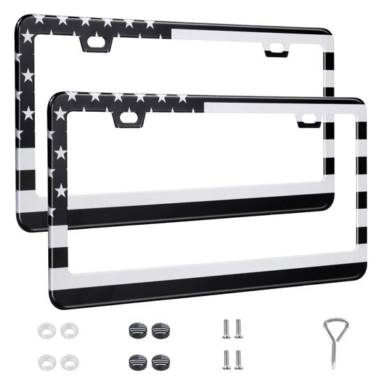 Picture of QUANQIUFEI 2 Pack License Plate Frames, Stainless Steel Car License Plate Cover Car Accessories with Screw Caps (Grey and Black)