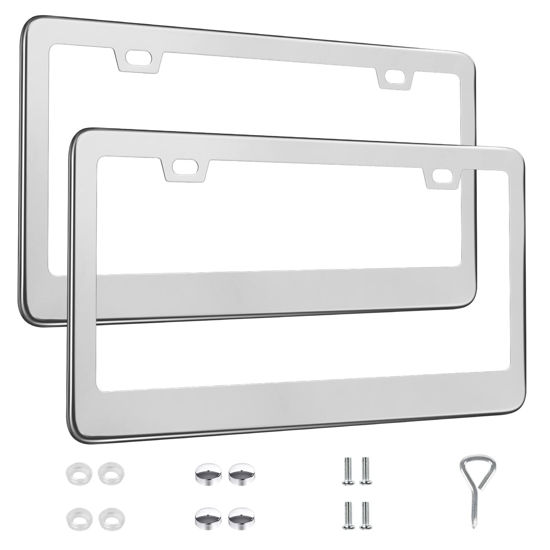 Picture of QUANQIUFEI 2 Pack License Plate Frames, Stainless Steel Car License Plate Cover Car Accessories with Screw Caps (Silver)