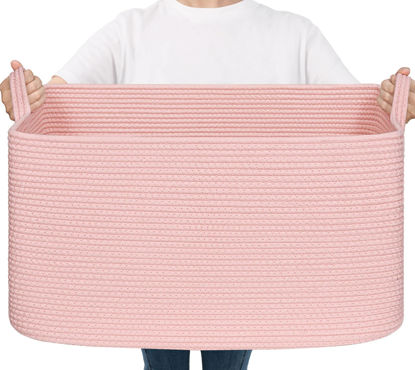 Picture of Goodpick Large Blanket Basket, Woven Baskets for Storage, Large Baskets for Organizing, Toy Basket for Nursery, Bedroom, Rectangle Storage Basket with Handles, 21.6" x 14.9" x 11.8", Pink