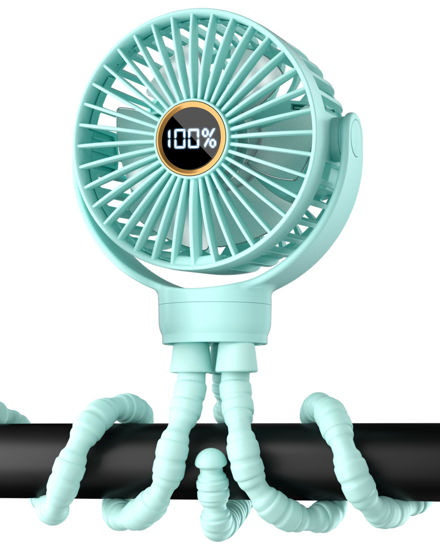 Picture of buywoo 3.5" Battery Powered Baby Stroller Cooling Fan, 3-Speed Rechargebale Tripod Fan with 360 Degree Rotation, Quiet Portable Fan with LED Display, Great for Car Seat, Crib, Bike, Treadmill, Aqua