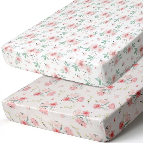 Picture of BROLEX Baby Fitted Crib Sheets: Kid Crib Sheets - Set of 2 for Toddler Standard Size Crib Mattress for Boys and Girls - Jersey Knit Crib Bed Sheets Pink Blossom