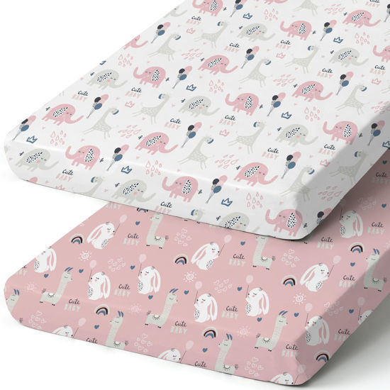 Picture of BROLEX Baby Fitted Crib Sheets: Kid Crib Sheets - Set of 2 for Toddler Standard Size Crib Mattress for Boys and Girls - Jersey Knit Crib Bed Sheets Elephant Rabbit