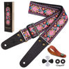 Picture of Nefelibata Guitar Strap, Vintage Embroidered Cotton Guitar Straps with Head Cowhide Leather Ends for Bass, Electric & Acoustic Guitars, with Free Strap Button, 1 Pair Strap Locks and 4 Guitar Picks