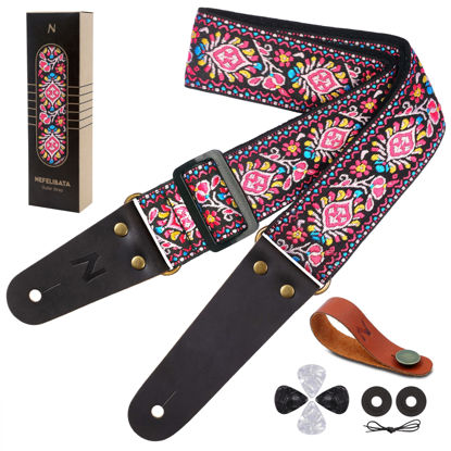 Picture of Nefelibata Guitar Strap, Vintage Embroidered Cotton Guitar Straps with Head Cowhide Leather Ends for Bass, Electric & Acoustic Guitars, with Free Strap Button, 1 Pair Strap Locks and 4 Guitar Picks