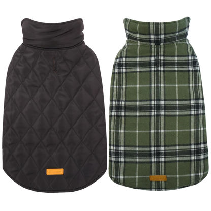 Picture of Kuoser Warm Dog Coat, Reversible Dog Jacket Waterproof Dog Winter Coat British Style Plaid Dog Clothes Pet Dog Cold Weather Coats Cozy Snow Jacket Vest for Small Medium Large Dogs Olive Green L