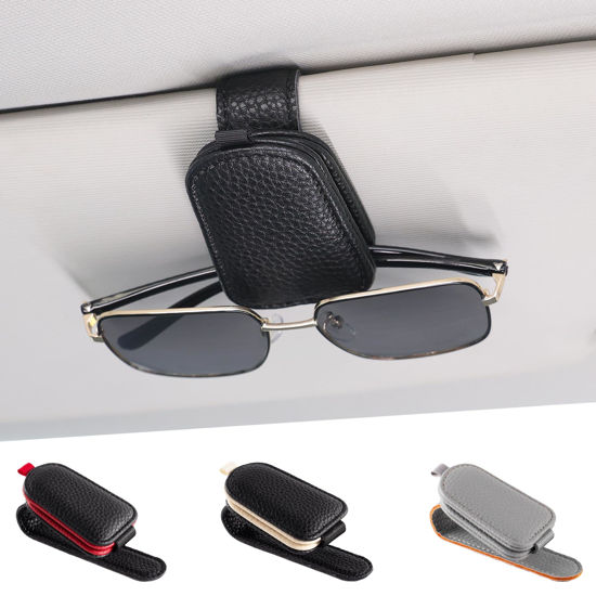 Picture of SINGARO Sunglasses Holder for Car, Leather Magnetic Buckle Sun Visor Sunglass Clip, Ticket Card Storage Glasses Clip, Car Interior Accessories for Men and Women（2PCS Black）