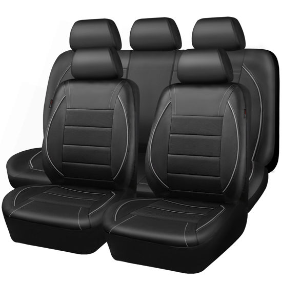 Picture of CAR PASS Universal Reflect Piping Leather Car Seat Cover, Fit for suvs,Van,Trucks,Airbag Compatible,Inside Zipper Design and Reserved Opening Holes (Full Set, Black and Grey)