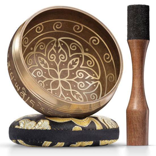 Picture of Tibetan Singing Bowl Set - Easy to Play - Creates Beautiful Sound for Holistic Healing, Stress Relief, Meditation & Relaxation - Cosmic Harmony Pattern - Gold Bowl with Black Pillow